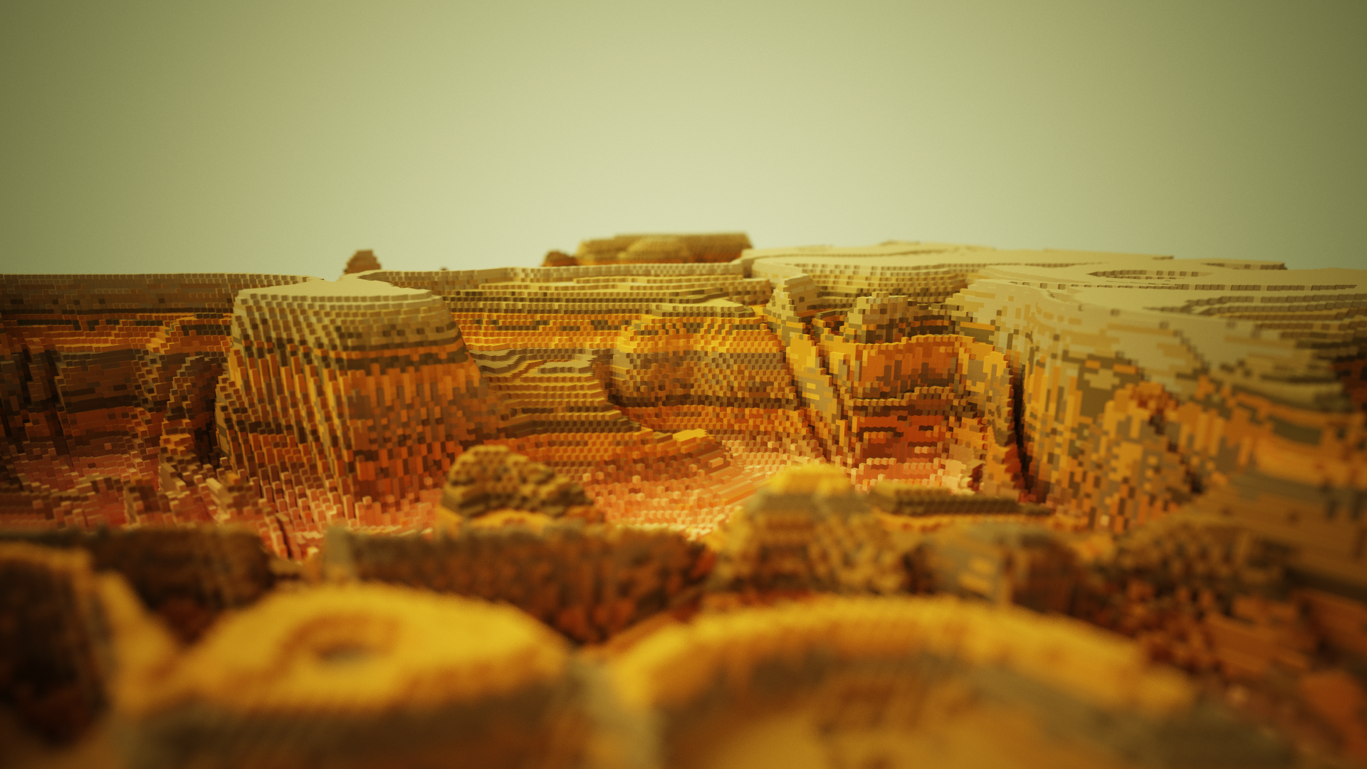 A voxel landscape of a alien desert planet. The surface is made of mountains and is red and orange