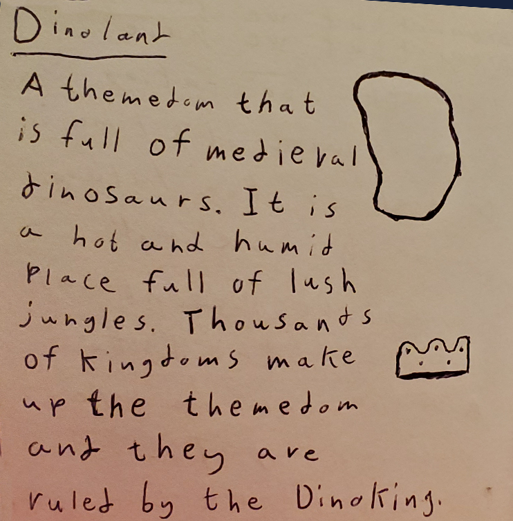 A page of text describing Dinoland and shows the shape of Dinoland which is that of a potato.