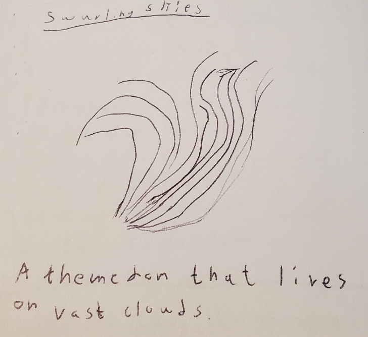 A page of text describing Swurling Skies and a sketch of it which is of a wispy cloud.