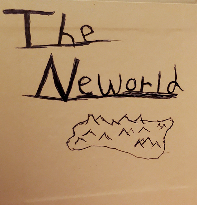 The first page in the Pink Book. It has the words The NeWorld with mountains drawn underneath.